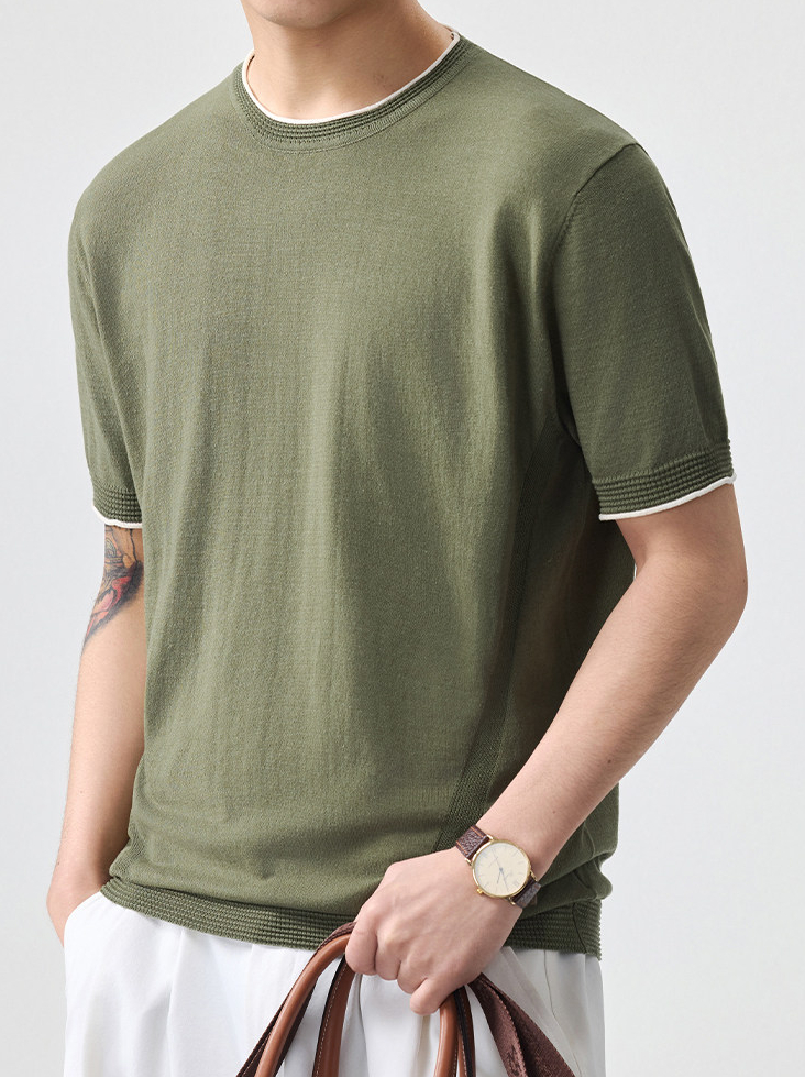 男士夏季薄款新款老錢風短袖T恤男針織衫圓領日系復古纯色短袖T恤