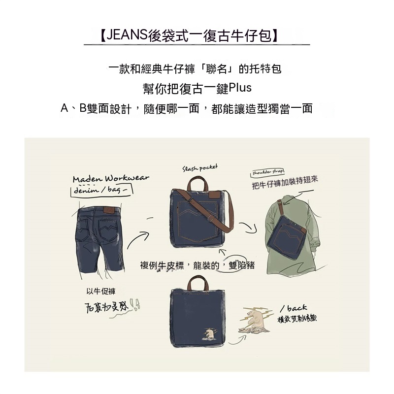 美式復古牛仔單肩斜挎包丹寧刺繡大容量手提平板托特包-Retro's Wear