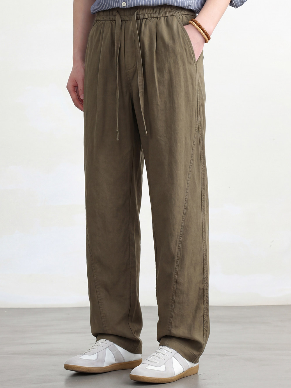 高端萊賽爾天絲休閒褲男夏季薄款垂感闊腿褲鬆弛老錢風亞麻長褲子
