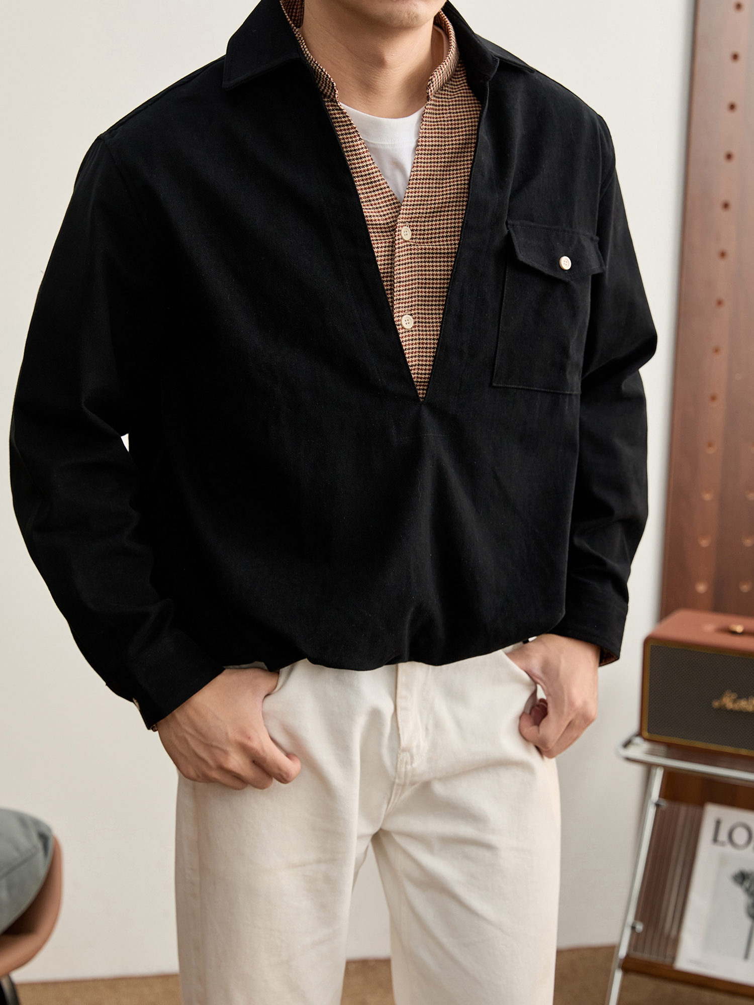 100%純棉假兩件磨毛襯衣復古潮牌千鳥格拼接半開襟襯衫男款