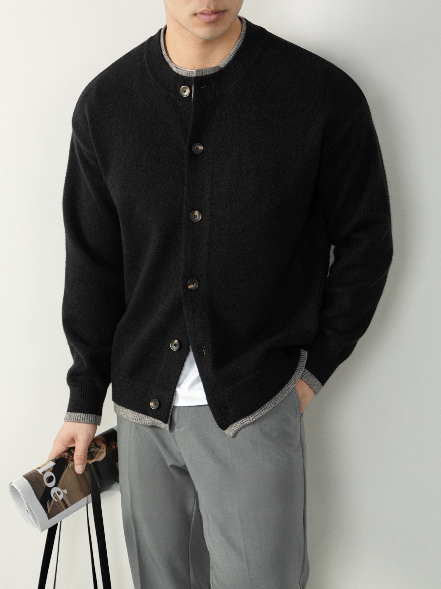 輕奢風撞色假兩件暖柔秋冬可機洗親膚毛衣男士亨利領針織衫