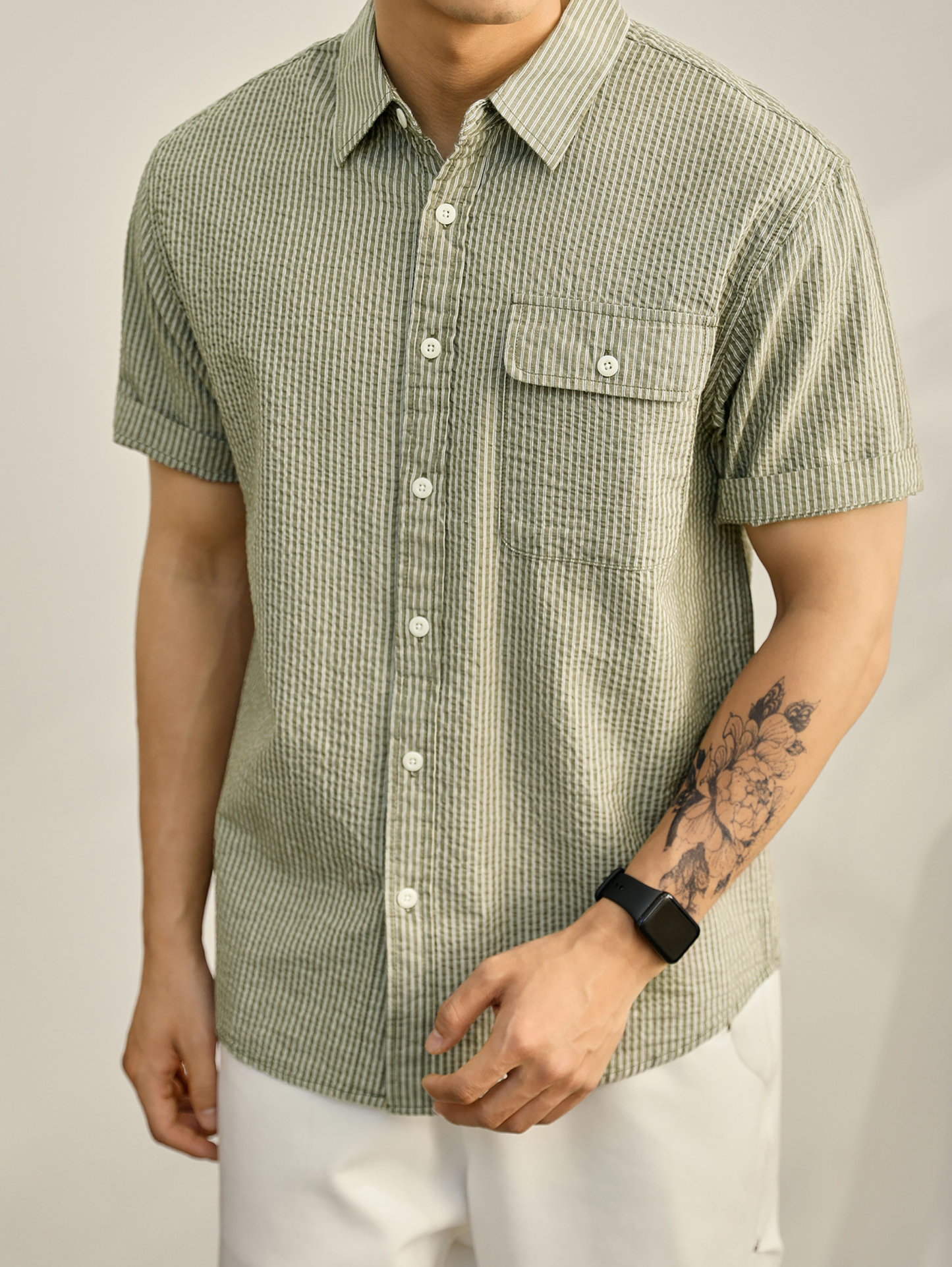 輕熟風男士條紋襯衫肌理感文藝韓範翻領上衣慵懶感簡約短袖襯衫