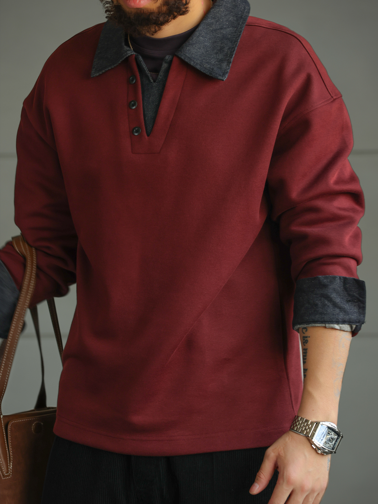 【丹寧樣本】撞色牛仔拼接假兩件長袖POLO衫男士翻領T恤