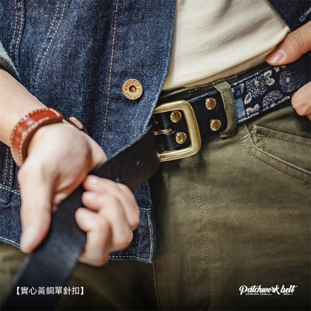 古布印花百家布植鞣皮帶boro風頭層牛皮針扣復古腰帶男-Retro's Wear