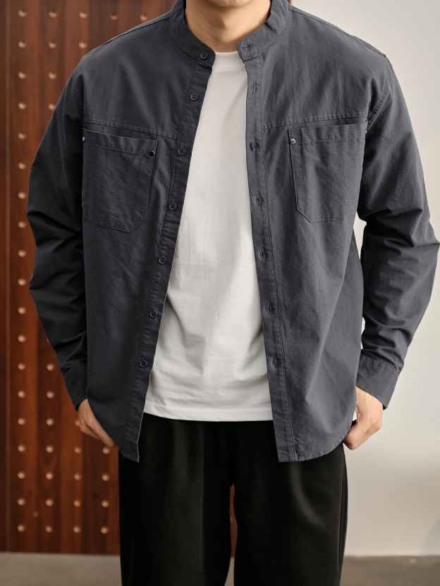 时尚潮奢立领长袖衬衫100%纯棉金属铆钉双口袋衬衣外套男款