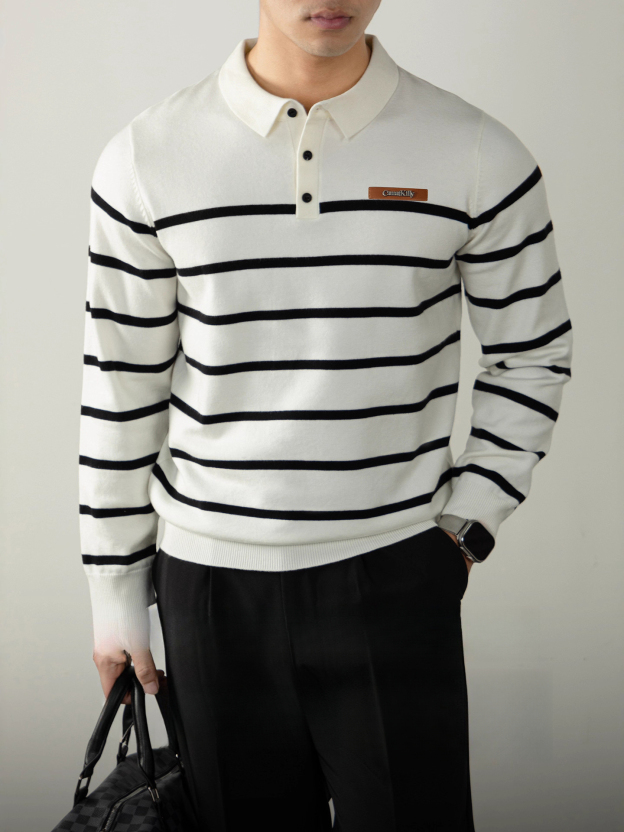 高端綿羊毛莫代爾黑白條紋Polo針織衫秋冬翻領針織衫