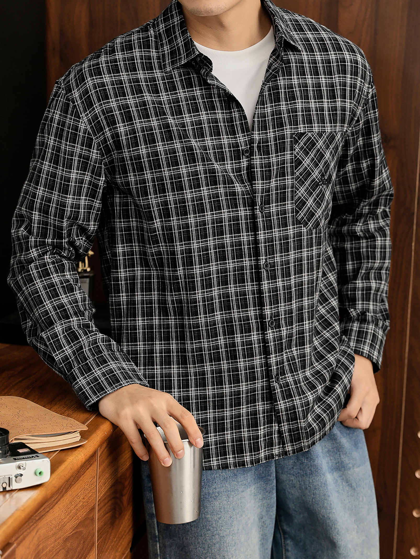 美式復古慵懶格子100%純棉長袖襯衫男休閒cleanfit襯衣外套