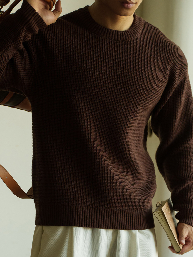 華夫格7針透氣紋理圓領毛衣男士2025秋冬老錢風新款休閒新針織衫