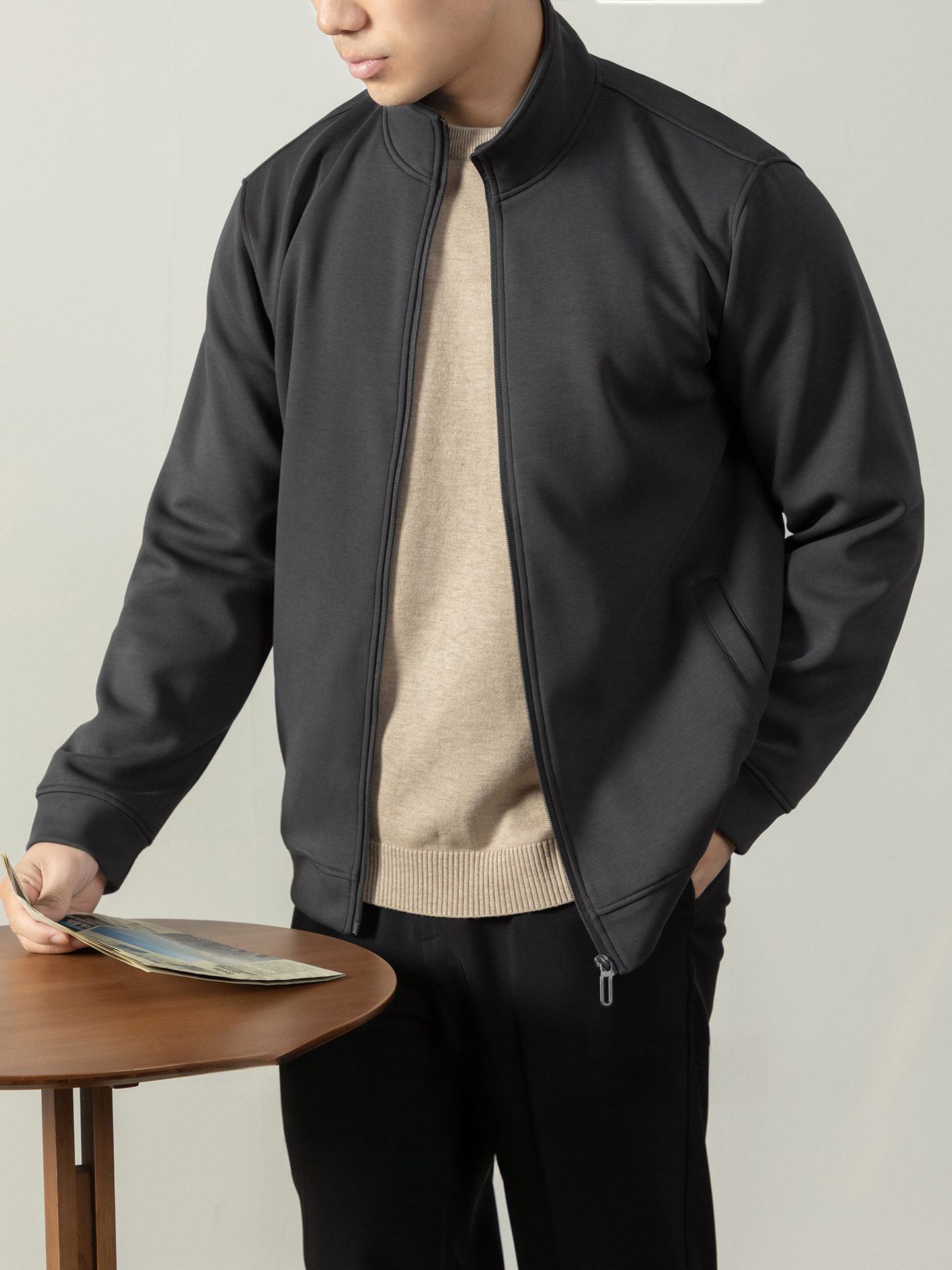 【400G重磅棉感】輕熟風厚款拉鍊外套男士商務純色秋冬立領夾克衫