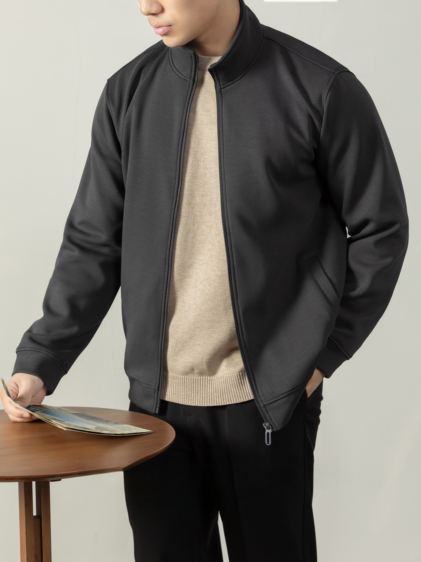 【400G重磅棉感】輕熟風厚款拉鍊外套男士商務純色秋冬立領夾克衫