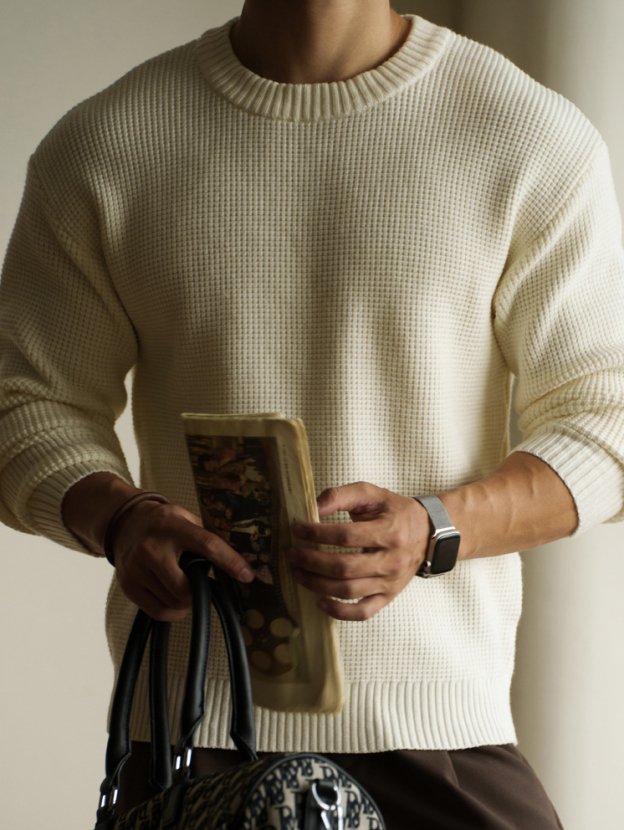 華夫格7針透氣紋理圓領毛衣男士2025秋冬老錢風新款休閒新針織衫