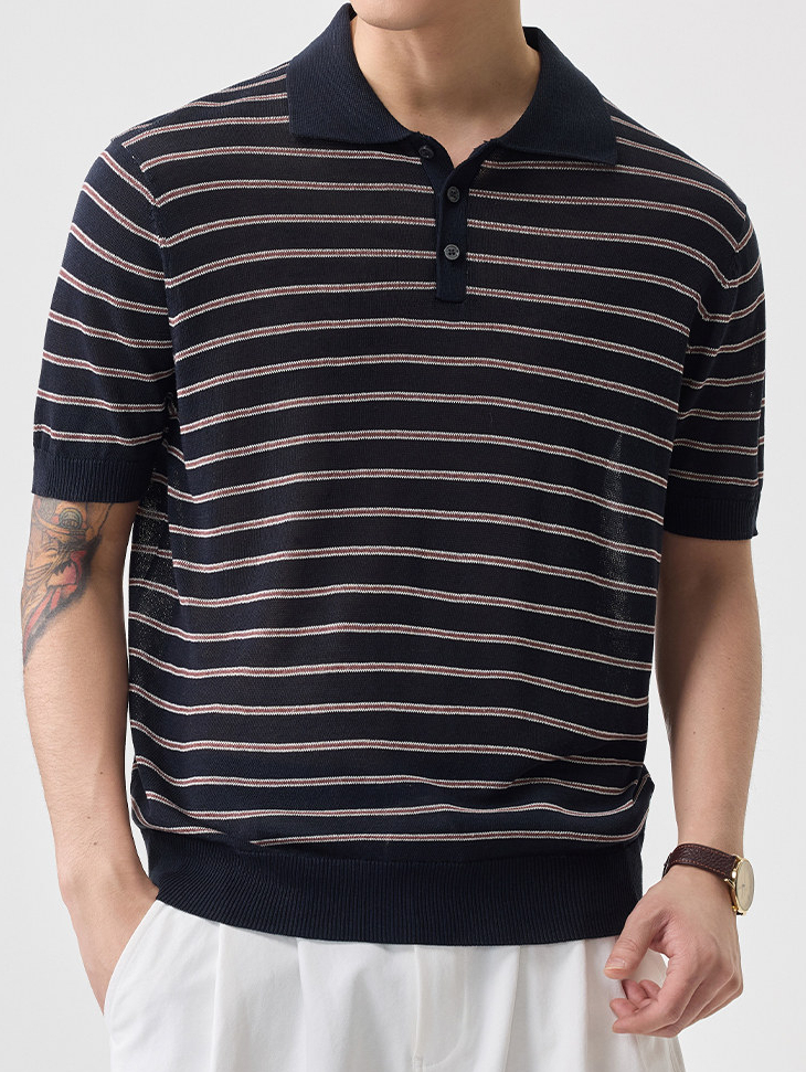 老钱简约风短袖T恤男士针织衫半袖t夏季新款翻领宽松百搭条纹日系