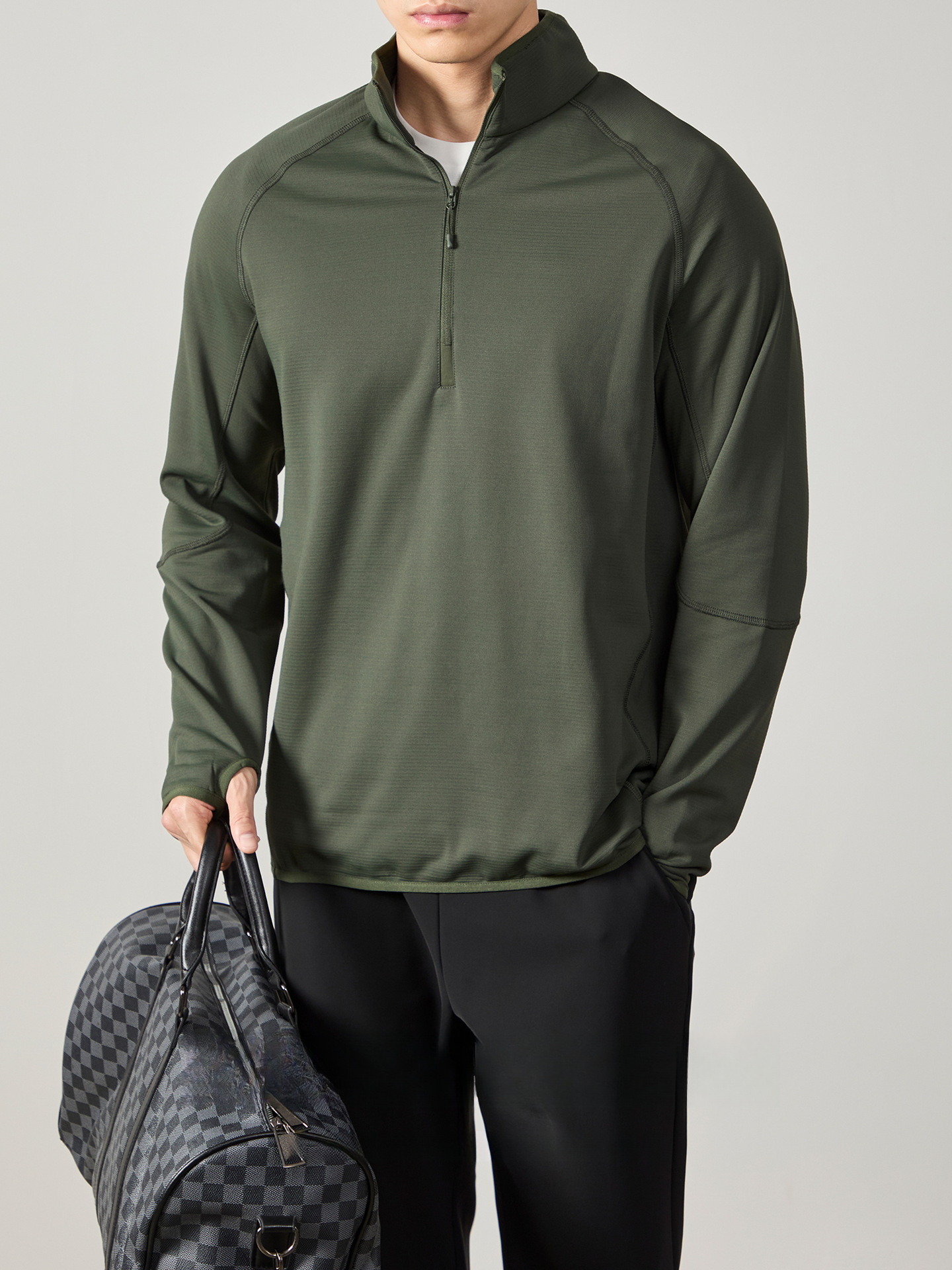 高級感 暖絨磨毛內裏半拉鍊T恤男士商務立領通勤保暖落肩長袖上衣