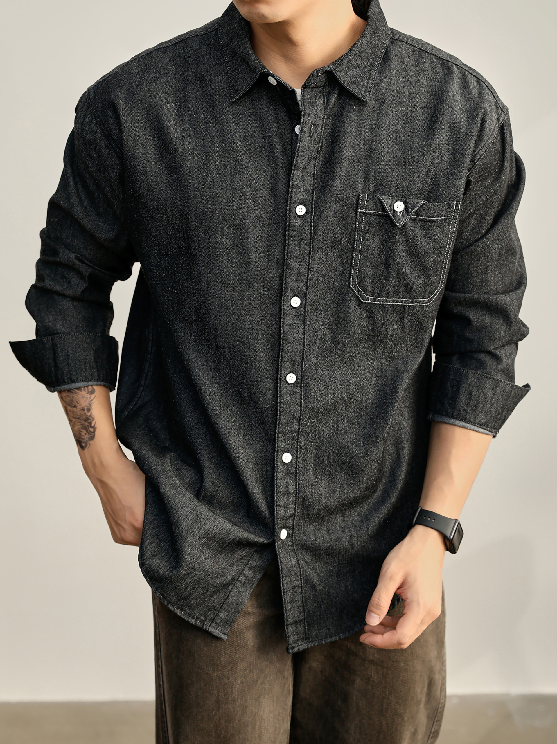 美式復古輯明線貼布口袋牛仔長袖襯衫男秋季水洗棉襯衣外套