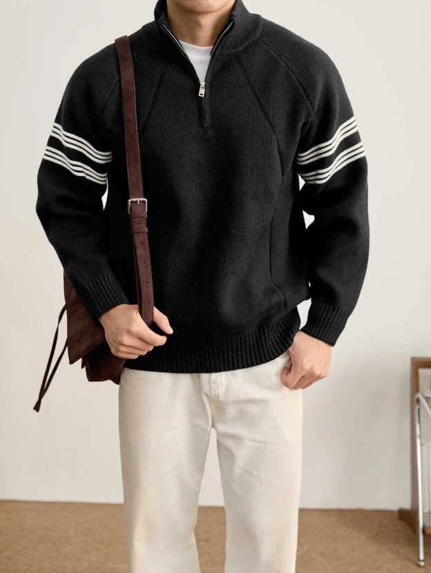 重磅830克半拉鍊立領長袖毛衣男冬裝紗線紋理休閒保暖針織衫