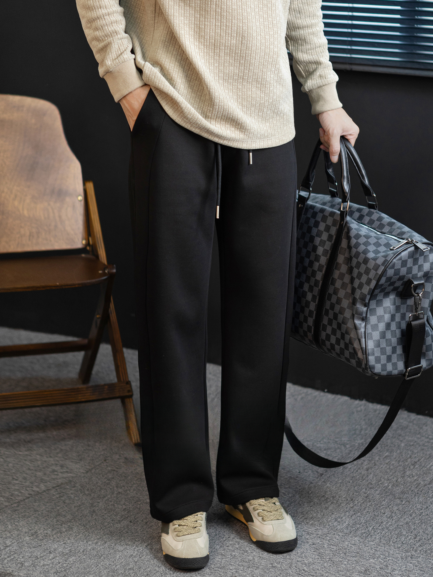 【鬆弛美學】時尚拼接加厚垂感繫繩長褲男微闊舒適休閒運動褲秋季