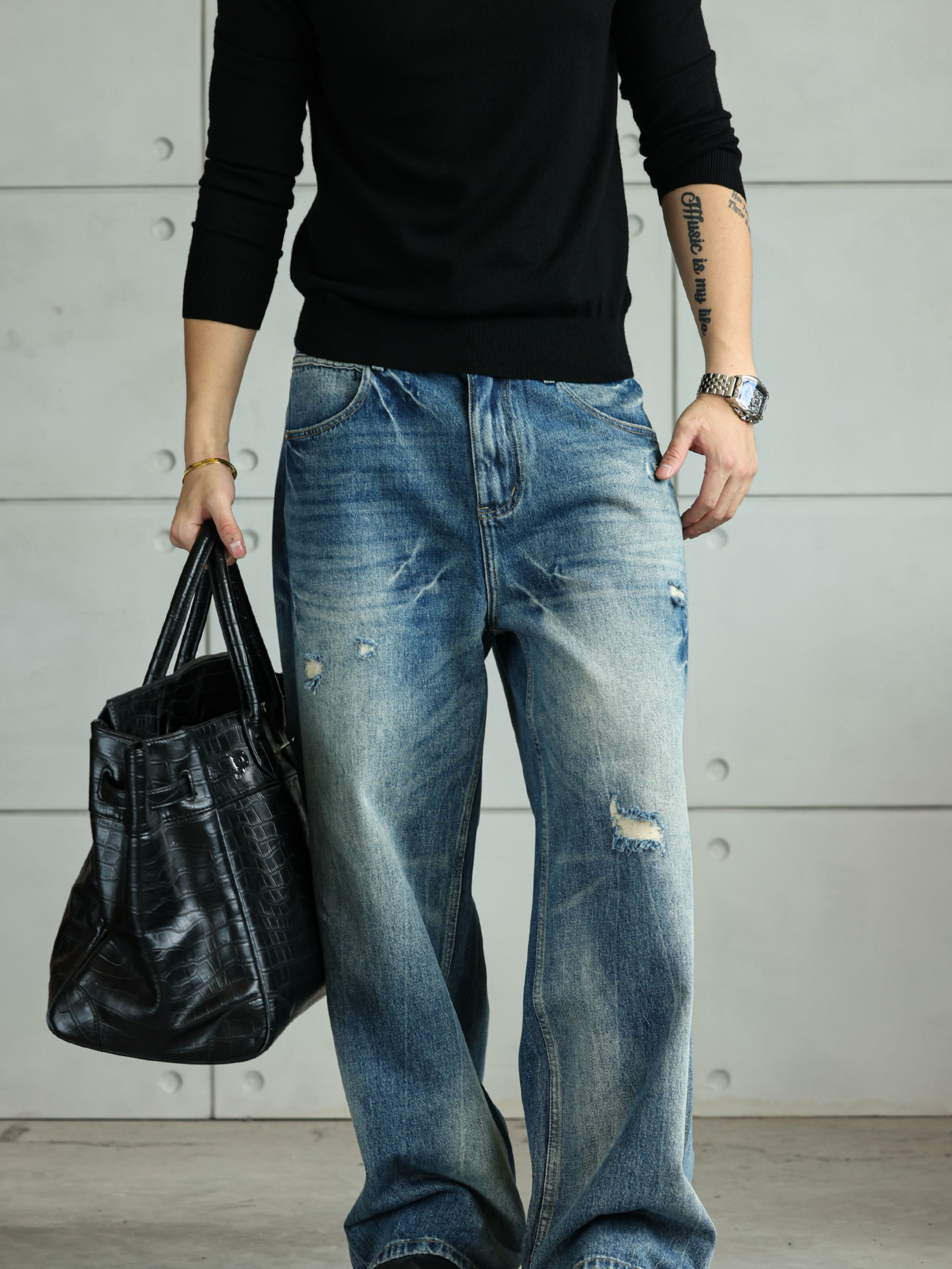 【丹寧破洞】美式復古水洗牛仔褲男直筒寬鬆通勤休閒長褲