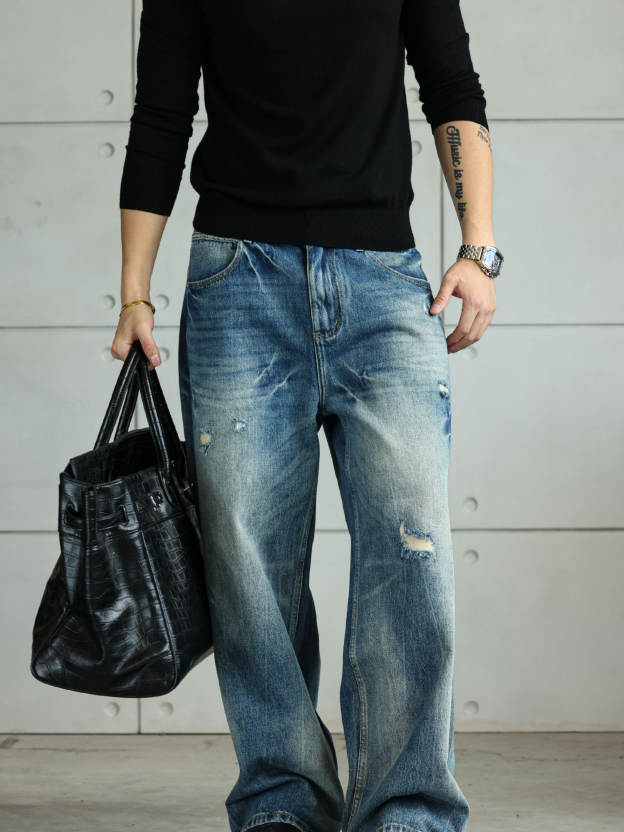 【丹寧破洞】美式復古水洗牛仔褲男直筒寬鬆通勤休閒長褲