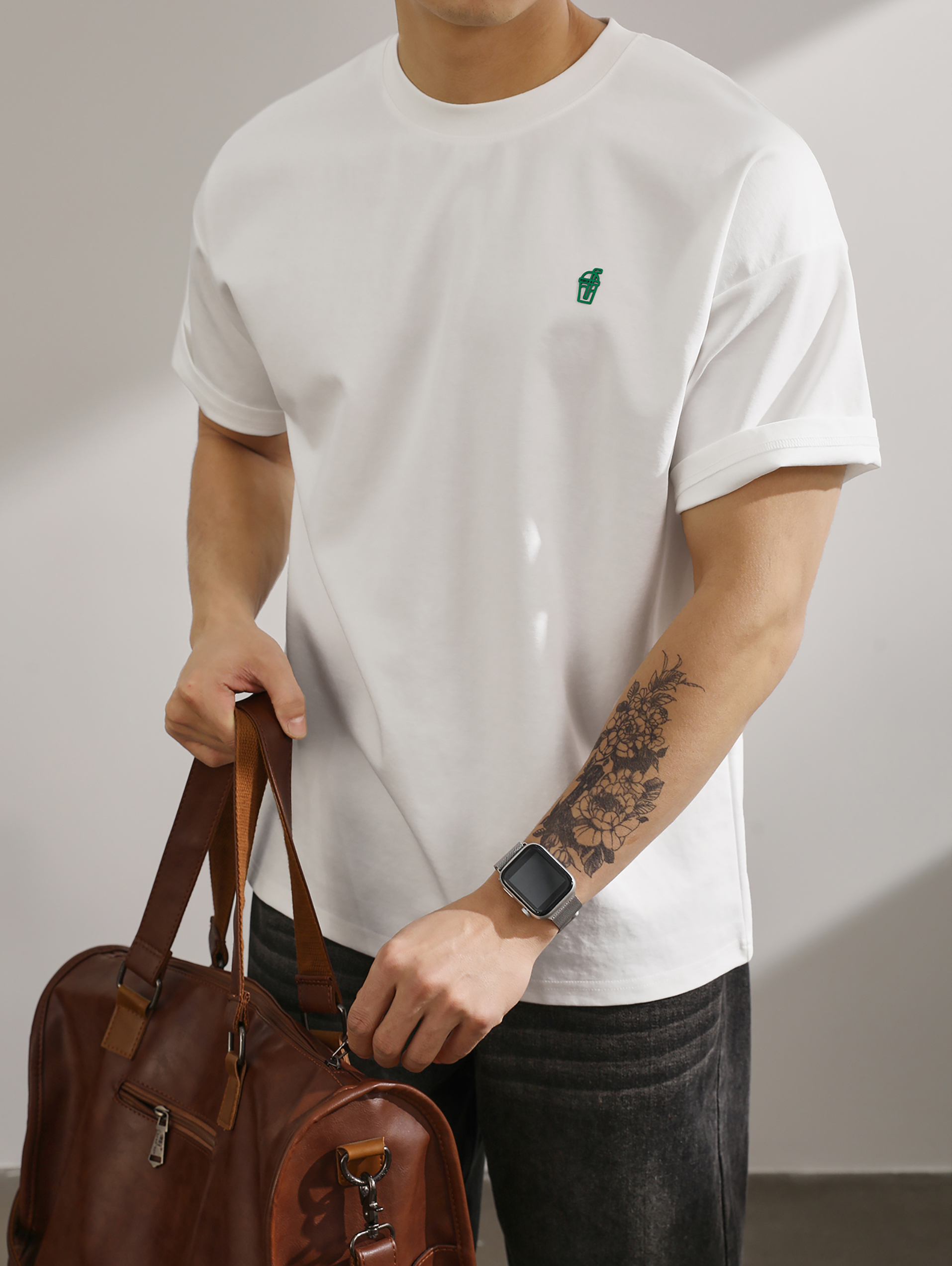 雙面原棉透氣短袖T恤男生夏季落肩微寬鬆飲料瓶壓膠印花上衣