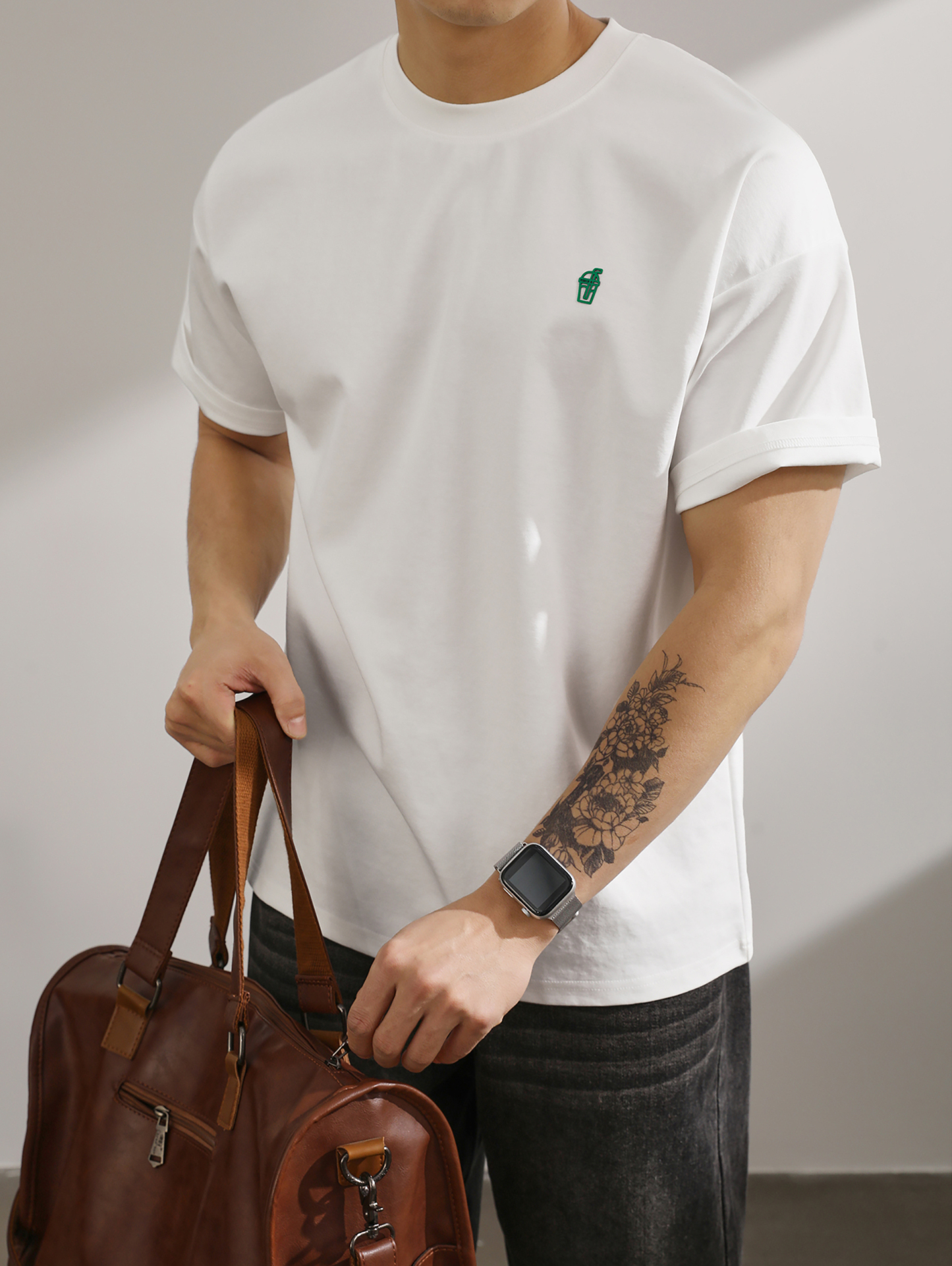 雙面原棉透氣短袖T恤男生夏季落肩微寬鬆飲料瓶壓膠印花上衣