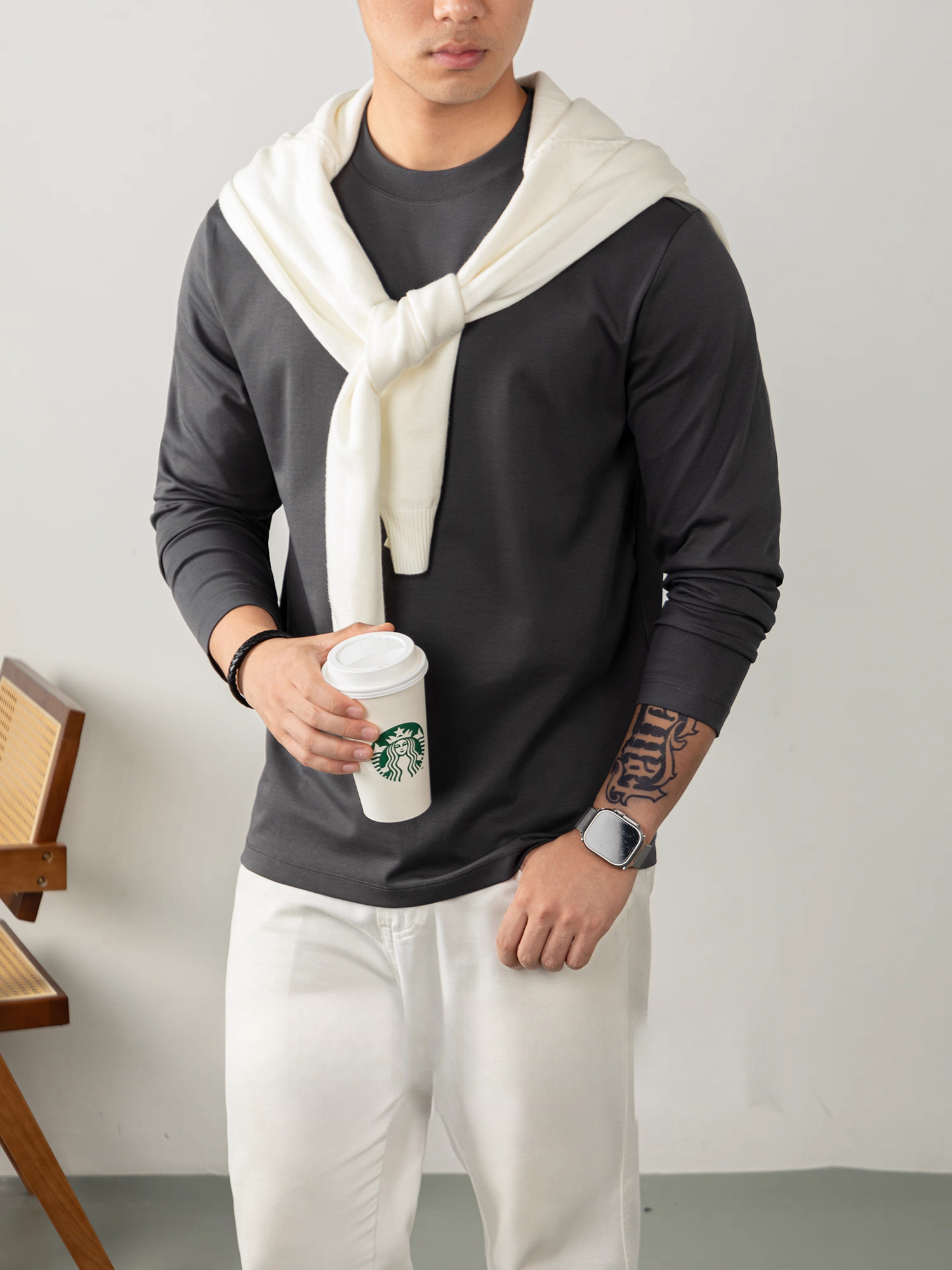 Cloudweave雲感液氨絲光棉長袖T恤男打底衫秋冬純白色親膚高級感