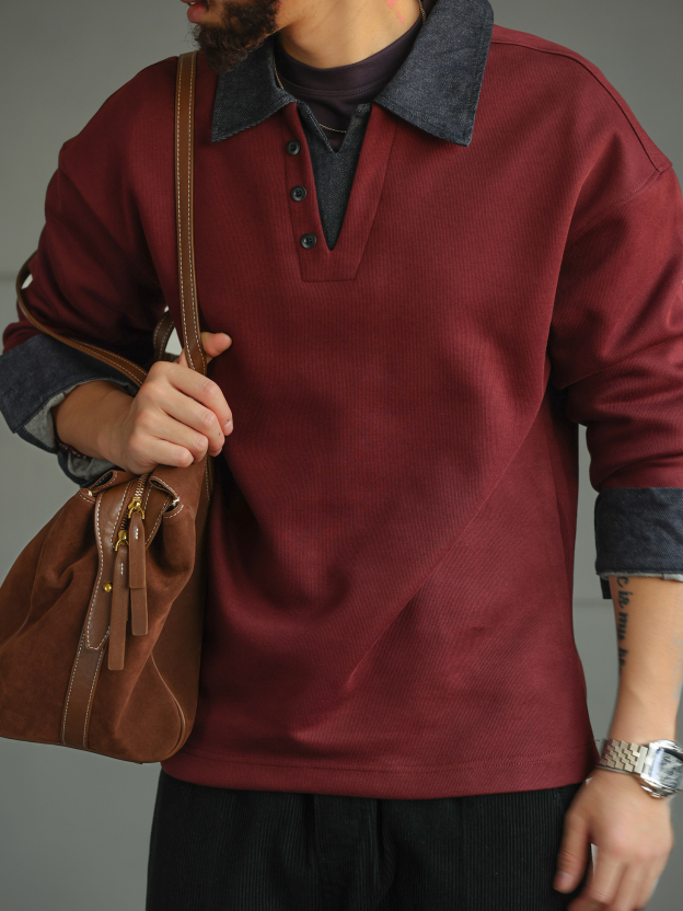 【丹寧樣本】撞色牛仔拼接假兩件長袖POLO衫男士翻領T恤