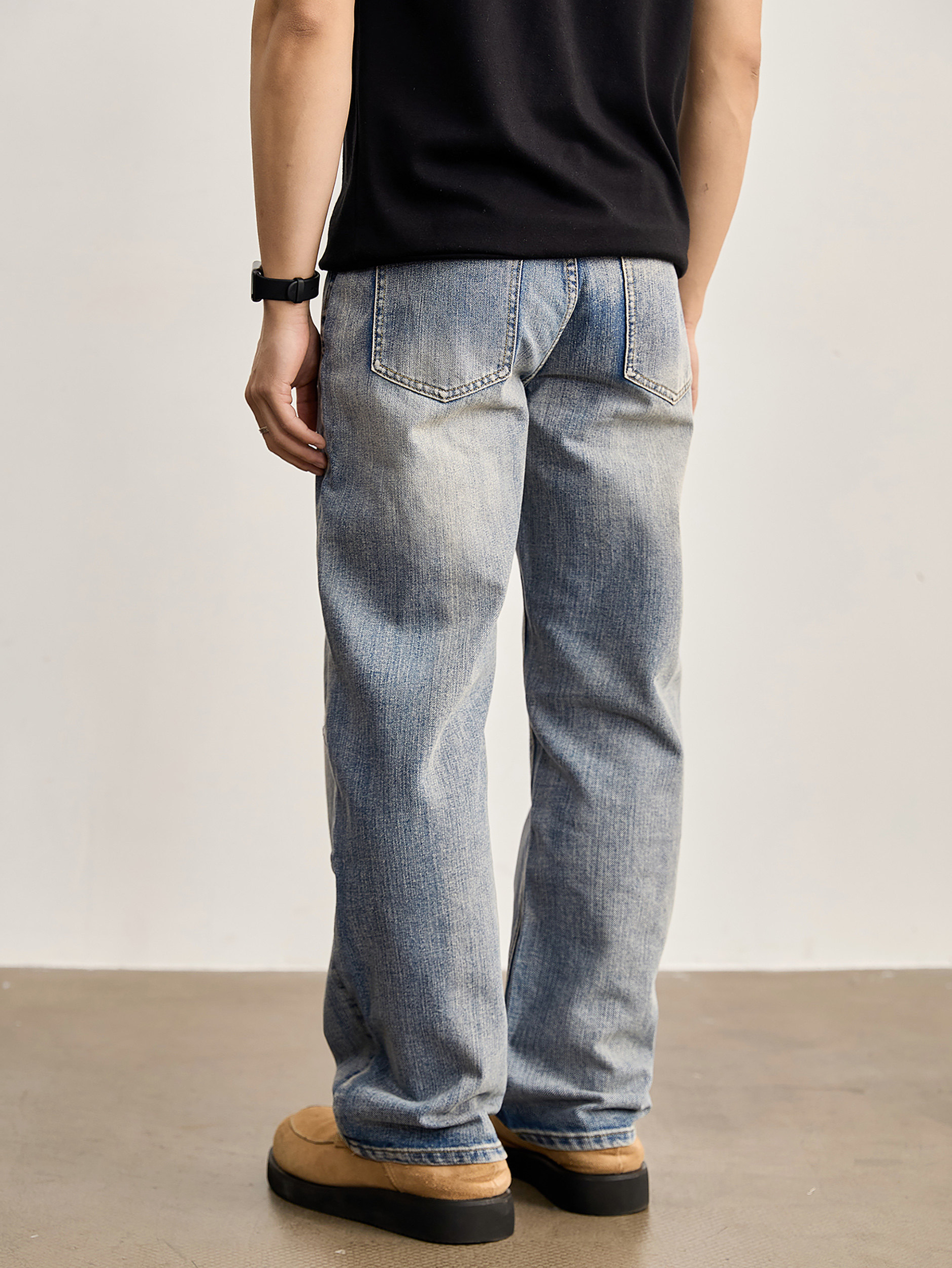 竹節藍貓須復古直筒牛仔褲男美式潮流水洗做舊休閒長褲春夏