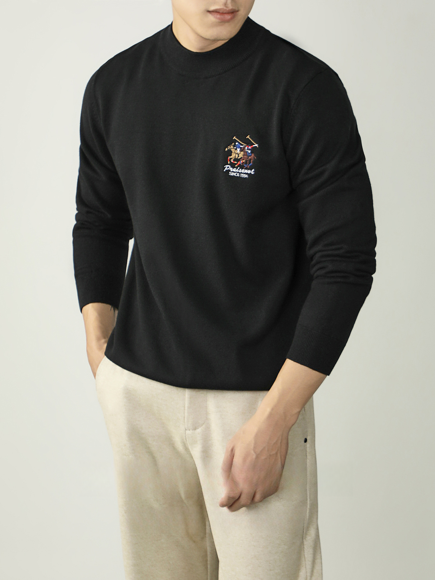 【羊毛莫代爾】馬球刺繡加厚毛衣男冬季保暖半高領舒適打底針織衫