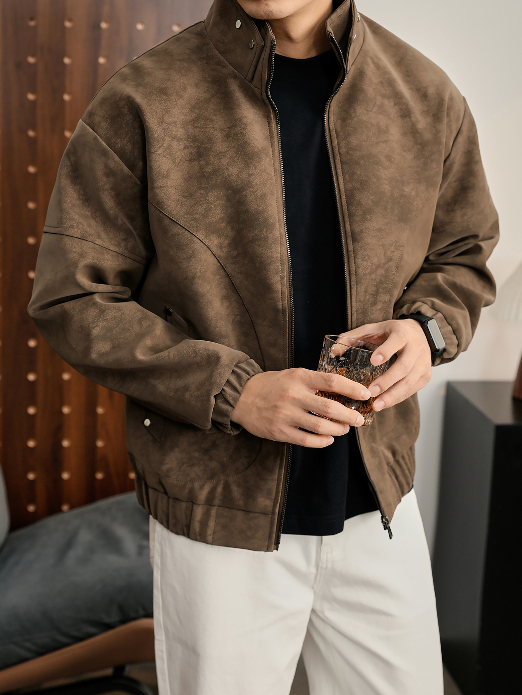 美拉德霧面樹紋紋理感冬季保暖PU皮衣夾克男解構線立領外套