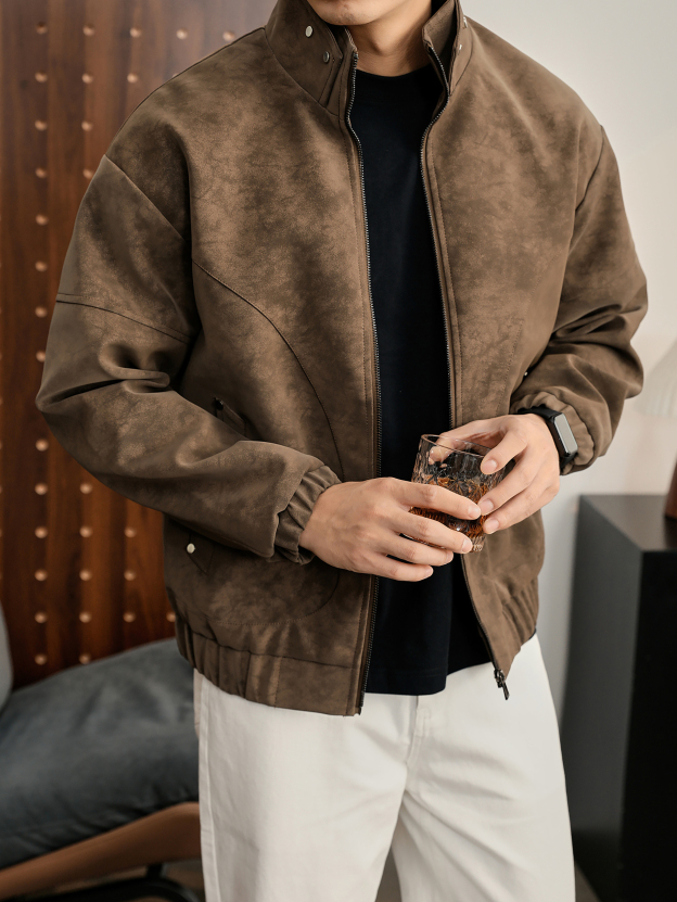 美拉德霧面樹紋紋理感冬季保暖PU皮衣夾克男解構線立領外套