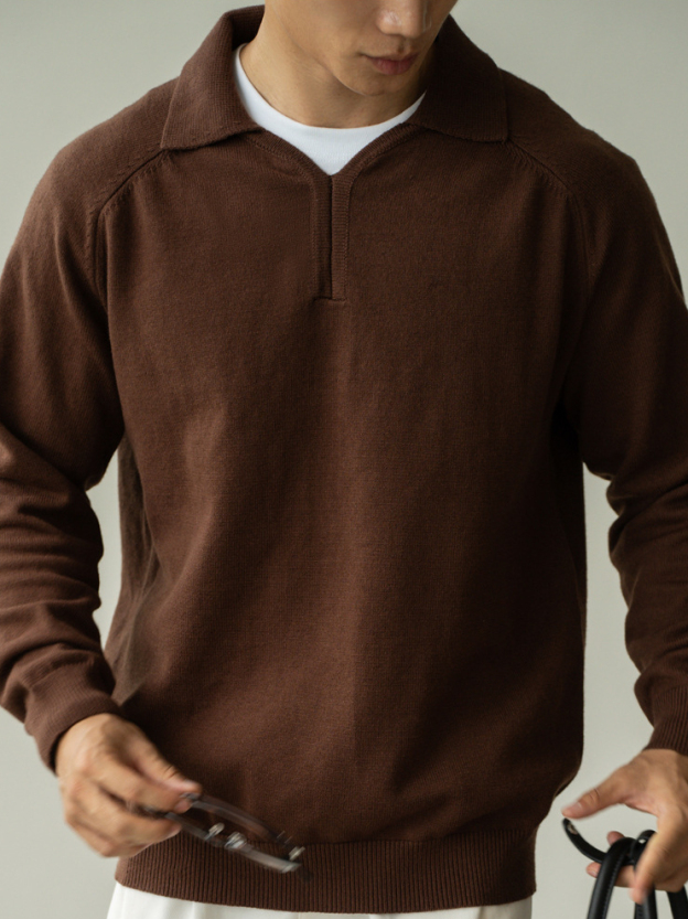 老錢風輕商務7針細膩紋理小V翻領半開襟毛衣男2025秋冬新款POLO衫