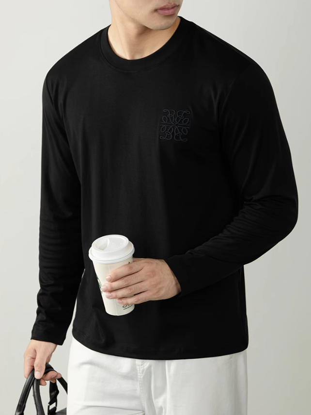 【80S高支萊賽爾】雙面液氨絲光長袖T恤男刺繡輕奢高端打底衫商務
