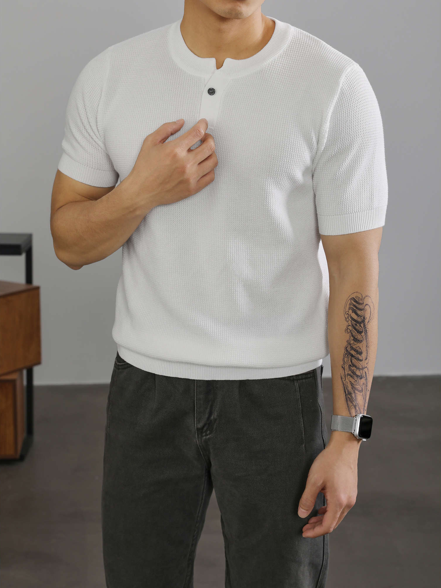 亨利領收袖短袖T恤針織衫男高級感針織肌理運動休閒體恤上衣