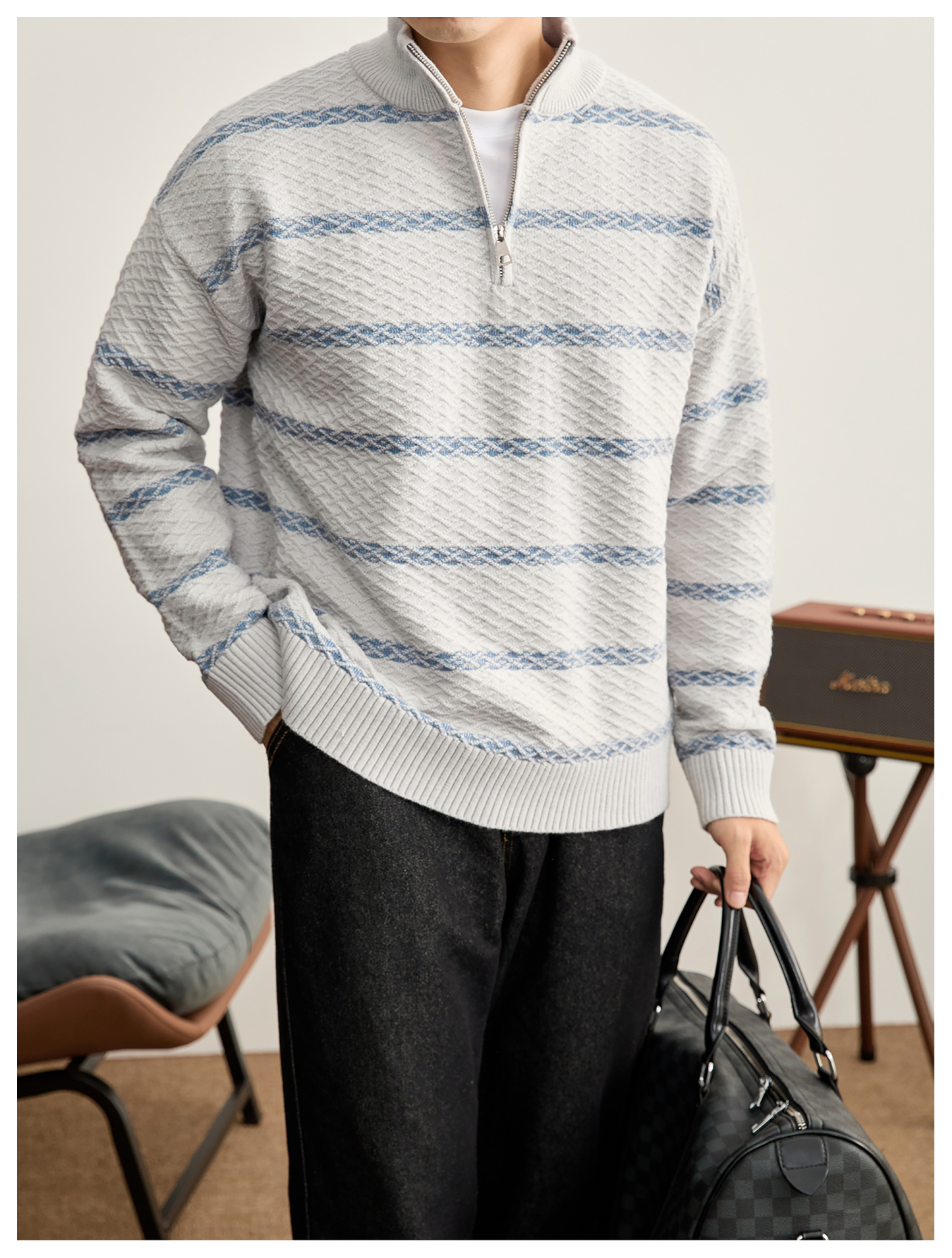 菱形肌理提花撞色條紋拉鍊半高領針織衫男秋冬保暖親膚毛衣