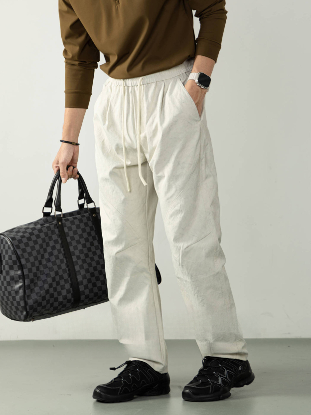 【復古奢感】扎染褶皺肌理微闊休閒長褲男士慵懶風拼接彎刀鬆緊褲