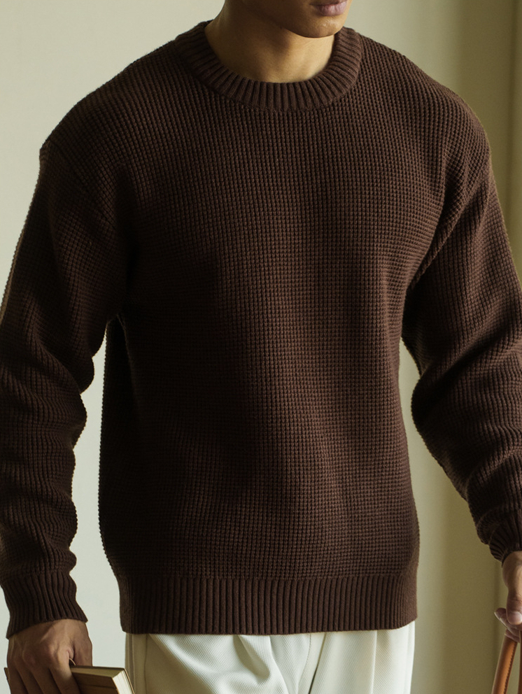 華夫格7針透氣紋理圓領毛衣男士2025秋冬老錢風新款休閒新針織衫