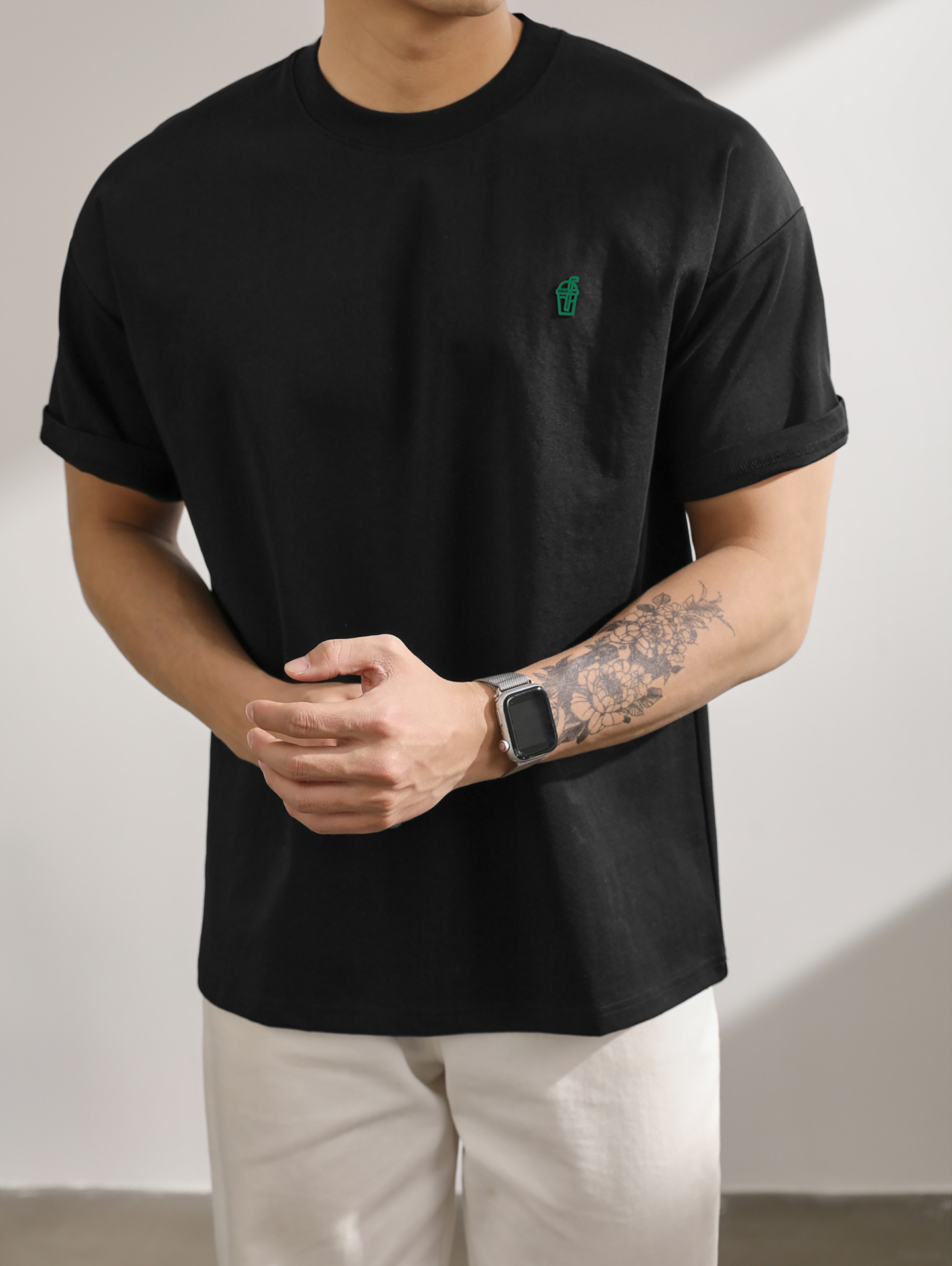 雙面原棉透氣短袖T恤男生夏季落肩微寬鬆飲料瓶壓膠印花上衣