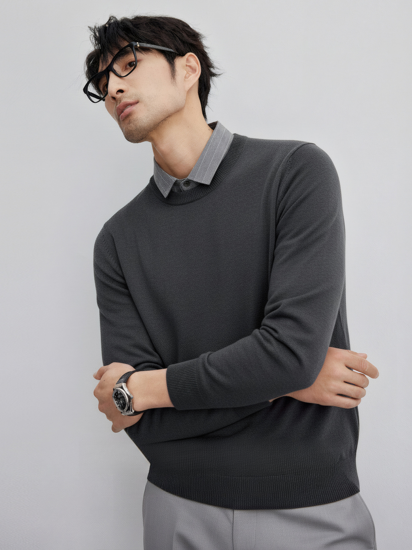 都市商務 襯衫領假兩件毛衣男士加厚保暖秋冬高端通勤舒適針織衫