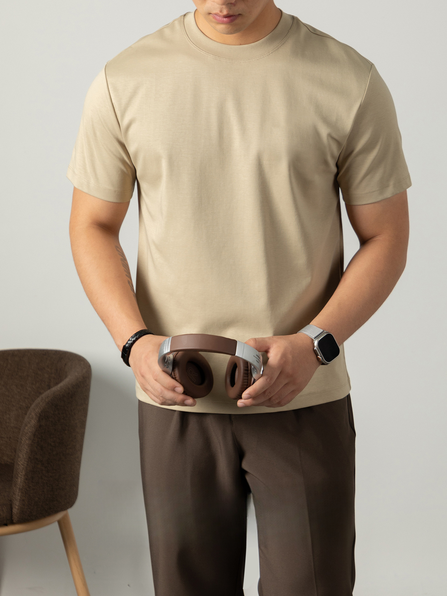 80S冷感液氨絲光棉短袖T恤男2025夏季輕奢淨版紫色涼感休閒上衣服