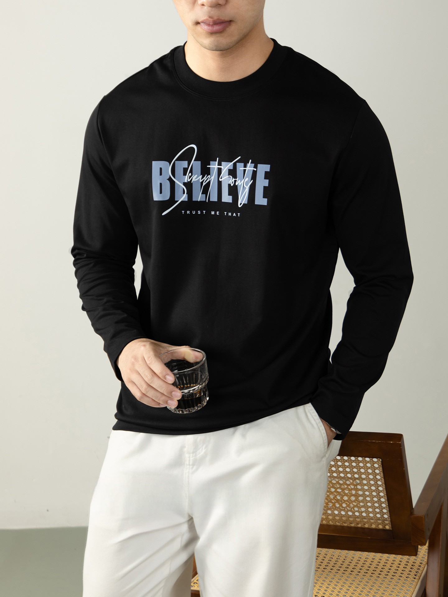 270G雙面液氨絲光棉長袖T恤男士潮流高端3D燙花秋冬休閒打底上衣