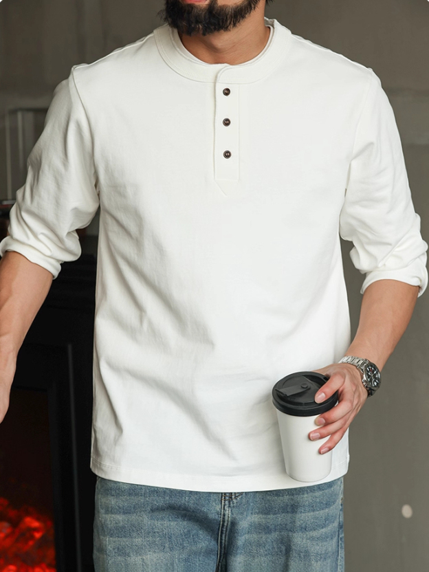 【CBD精英】純棉重磅320g美式亨利領長袖t恤男排扣秋季休閒打底衫