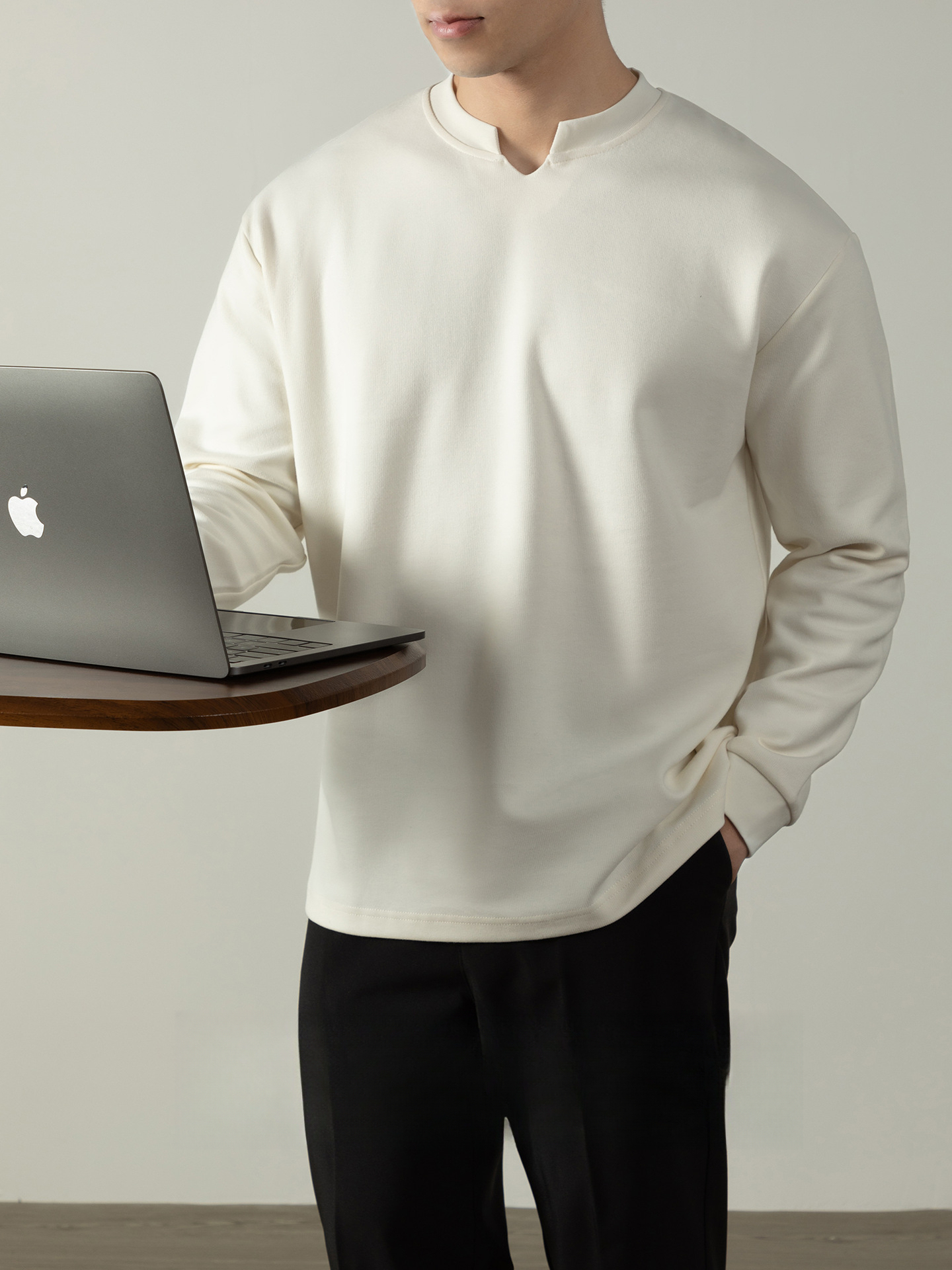 鬆弛感| 高質雙面棉小V亨利領柔軟T恤長袖男士秋冬重磅打底衫