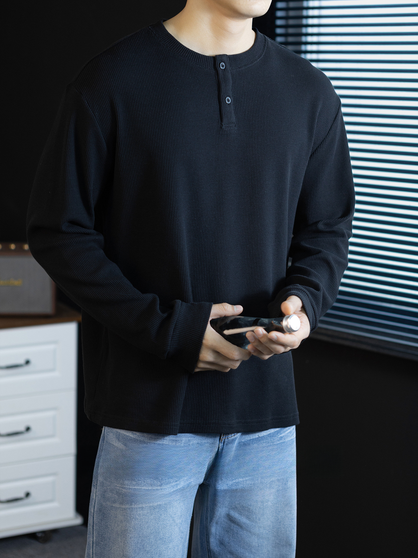 240G華夫格織紋透氣男士亨利領長袖T桖春秋商務復古寬鬆落肩上衣