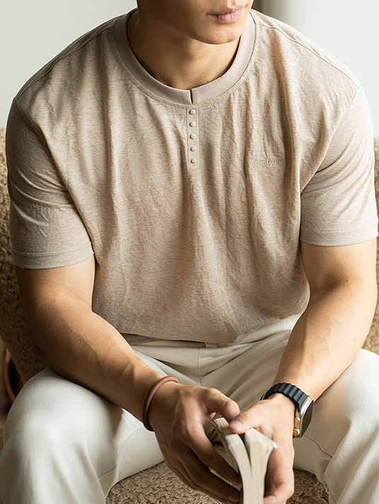 仿亞麻冰絲涼感薄款亨利領短袖T恤男2025夏透氣垂感休閒新款上衣