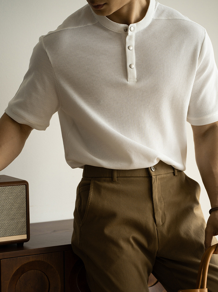 美式復古亨利領華夫格短袖T恤男2025春夏新款通勤休閒半袖上衣