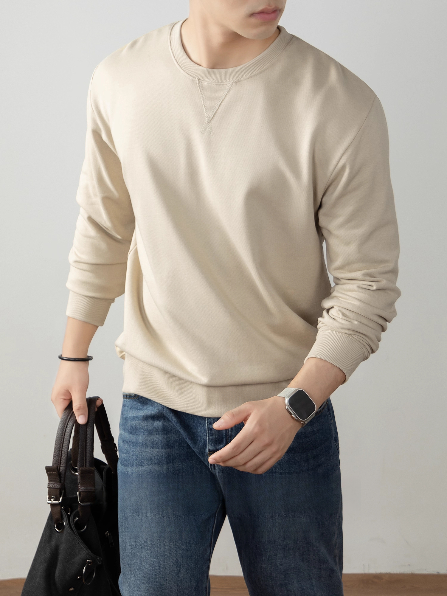 340g重磅純棉衛衣男2025秋冬新款寬鬆厚實長袖t恤純色日系打底衫