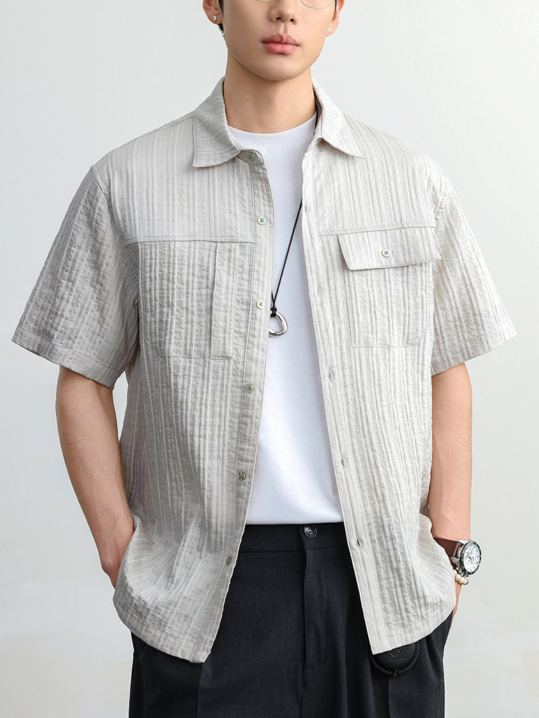 條紋襯衫男夏輕薄款高級感痞帥休閒泡泡紗老錢風休閒冰絲短袖襯衣