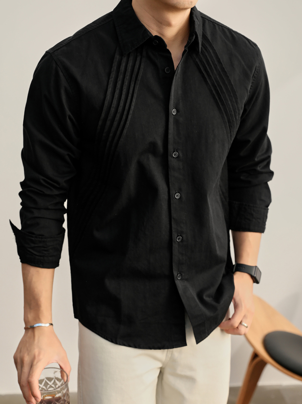 純色個性壓褶長袖襯衫100%純棉水洗挺括外穿百搭慵懶風襯衣