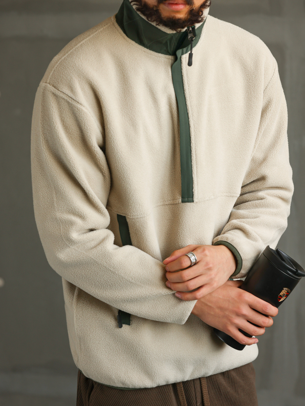 【無界型動】撞色羊羔絨衛衣男士秋冬加厚保暖半拉鍊外套