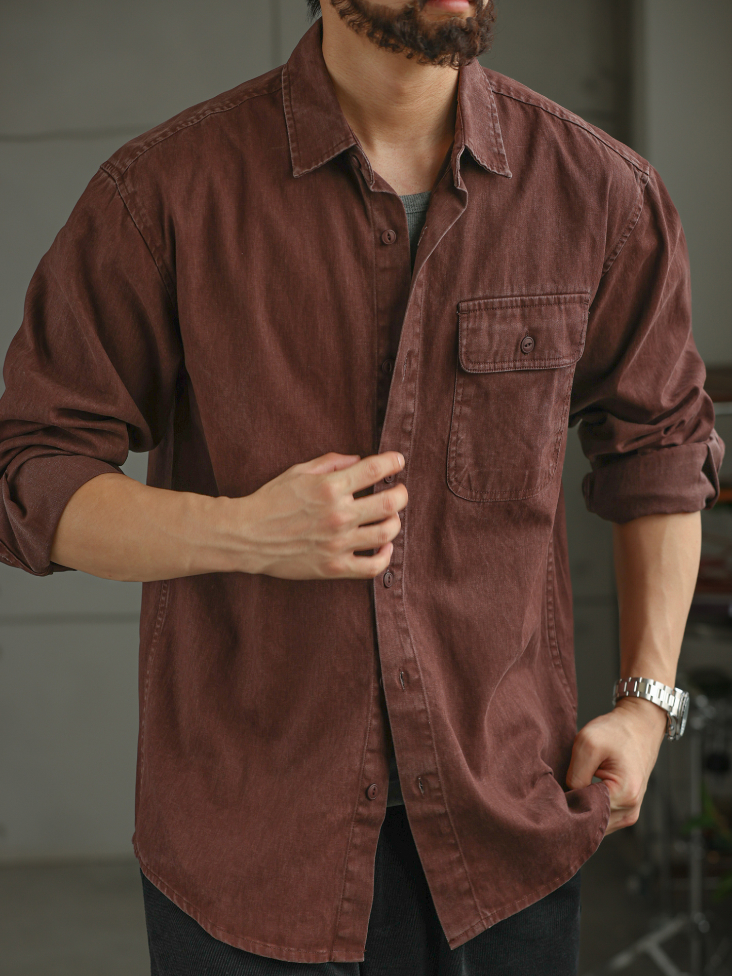 日系復古酵素水洗仿牛仔純棉長袖襯衫男工裝通勤休閒襯衣